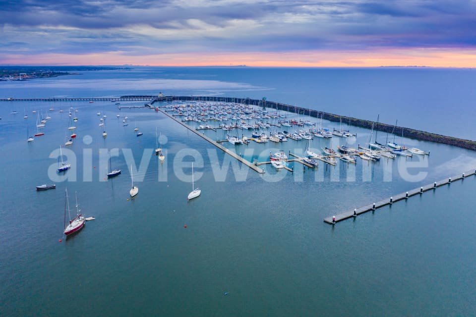 Aerial Image of Sunset over the St Kilda Pier Marina and breakwater