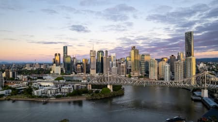 Aerial Image of STORY BRIDGE FORTITUDE VALLEY BRISBANE RIVER SUNRISE