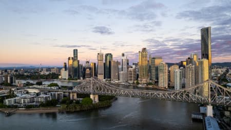 Aerial Image of STORY BRIDGE FORTITUDE VALLEY SUNRISE BRISBANE RIVER