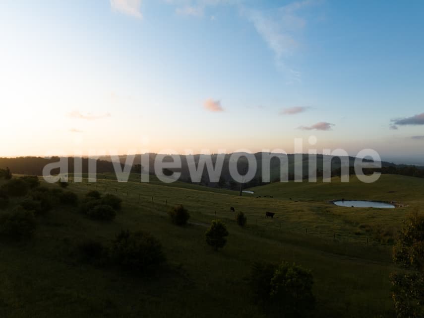 Aerial Image of Coalville sunset Gippsland Victoria rolling hills