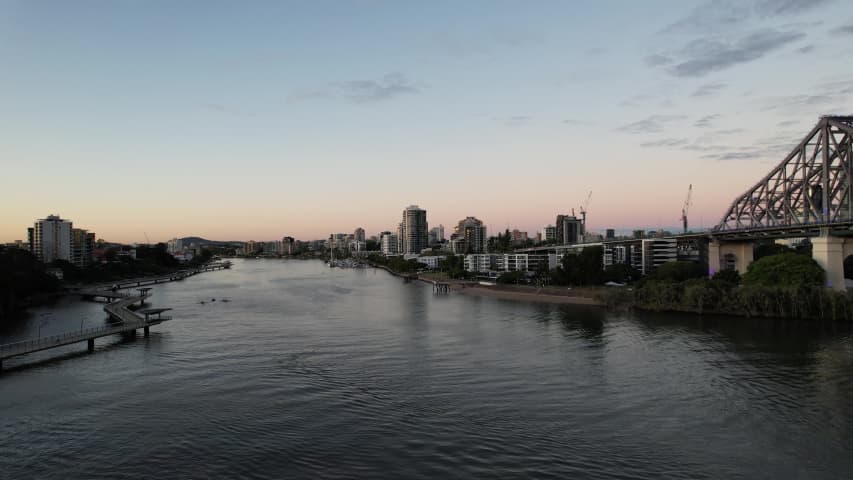 Aerial Image of BRISBANE RIVER STORY BRIDGE FORTITUDE VALLEY SUNRISE