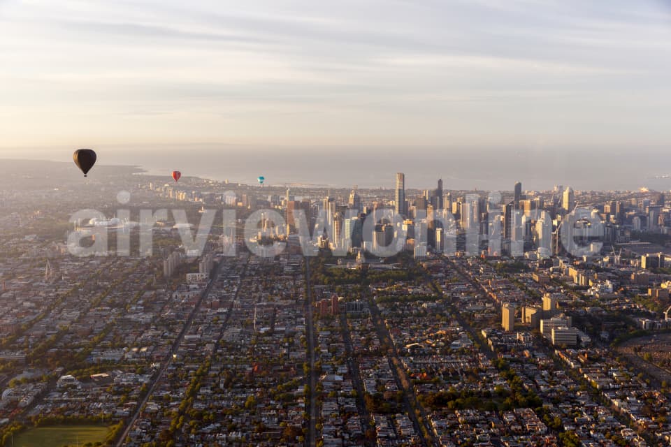 Aerial Image of Hot Air Balloons Drifting Above Melbourne