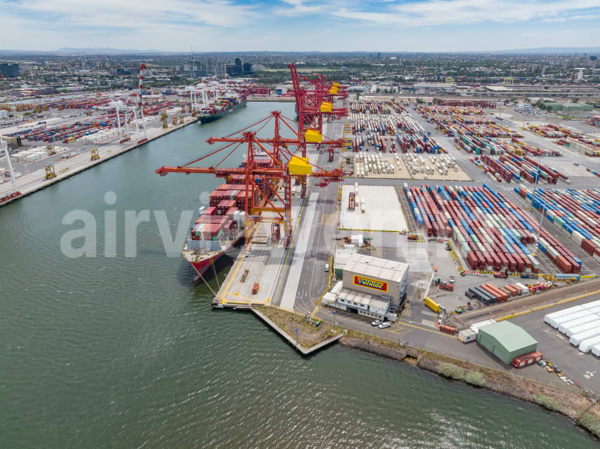 Aerial Image of Cargo Ship at dock on Yarra River, West Melbourne