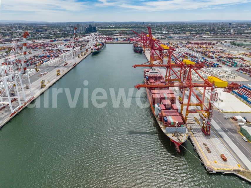 Aerial Image of Cargo Ship at dock on Yarra River, West Melbourne