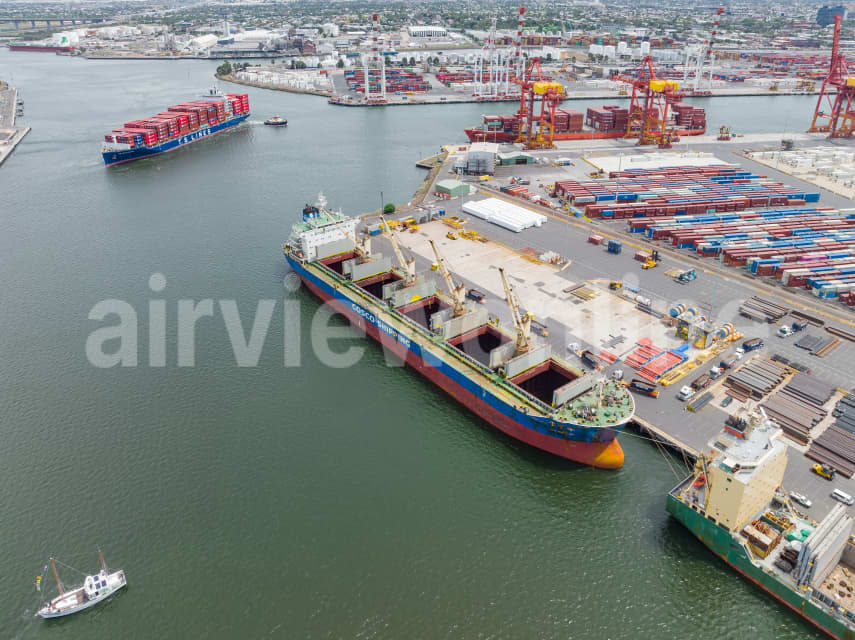 Aerial Image of Cargo Ships at dock on Yarra River, West Melbourne