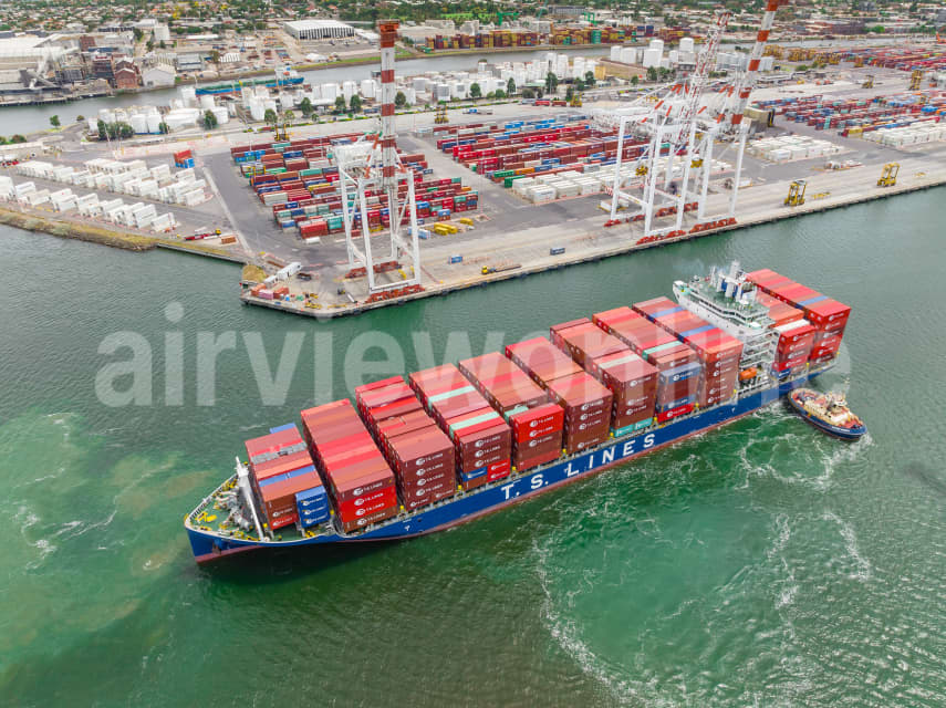Aerial Image of Cargo Ship and Tugboat on Yarra River, West Melbourne