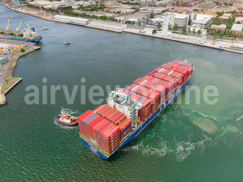 Aerial Image of Cargo Ship and Tugboat on Yarra River, West Melbourne