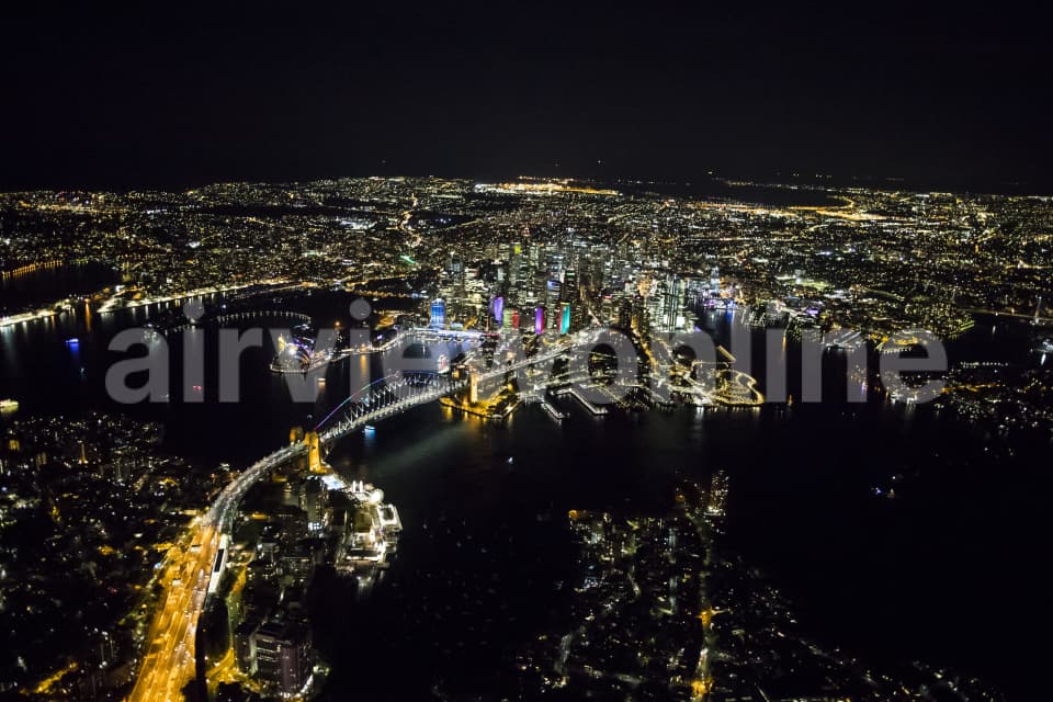 Aerial Image of Iconic Sydney Harbour Night Shoot At Vivid