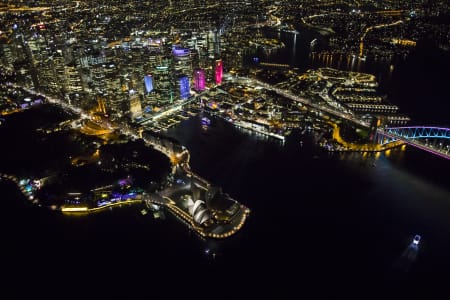 Aerial Image of CIRCULAR QUAY, THE ROCKS, SYDNEY HARBOUR, VIVID