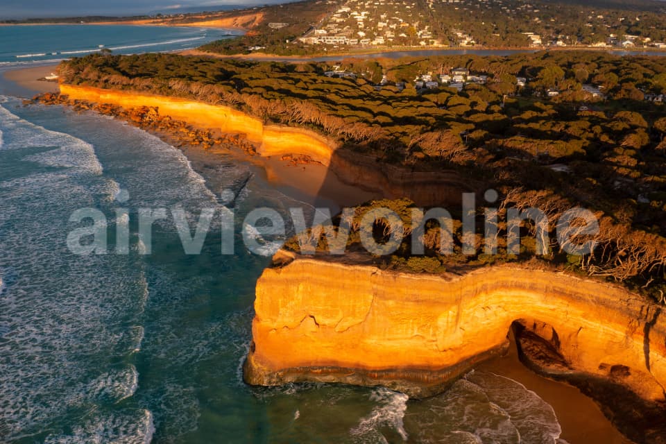 Aerial Image of Sea cliffs and Coastline at Anglesea at sunrise