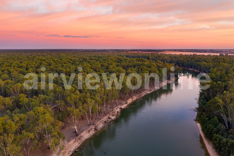Aerial Image of Colourful sunrise over the Murray River near Cobram-Barooga