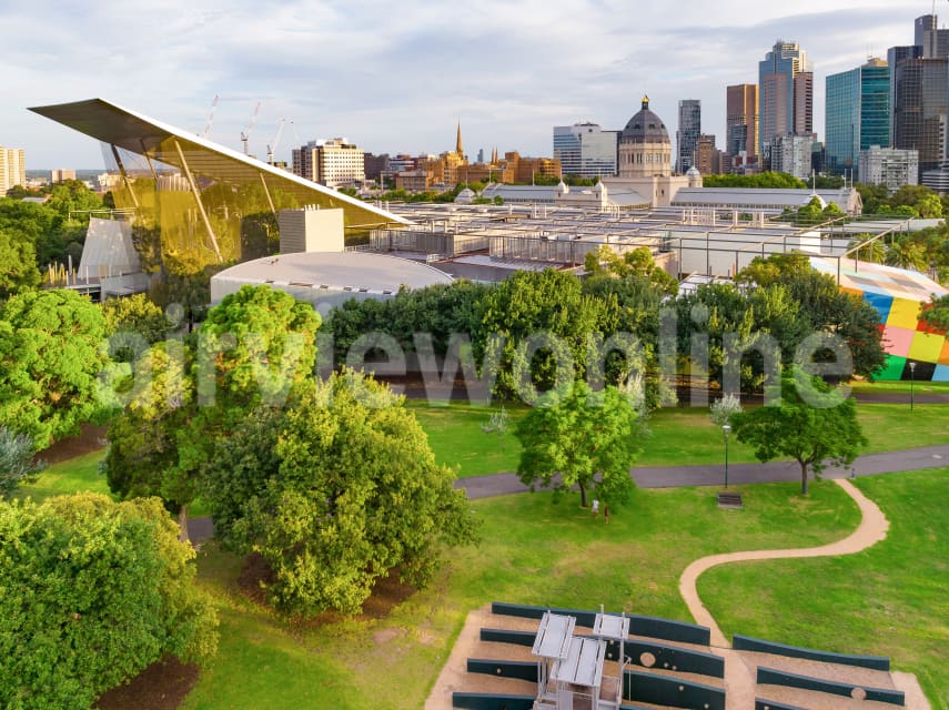 Aerial Image of Melbourne Museum, Carlton Gardens and Melbourne CBD