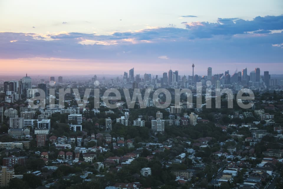 Aerial Image of Bondi, Tamarama & Sydney Silhouettes At Dusk