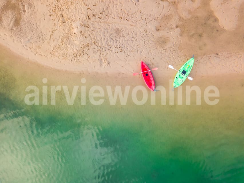 Aerial Image of Kayaks on the beach in the Maroochy River