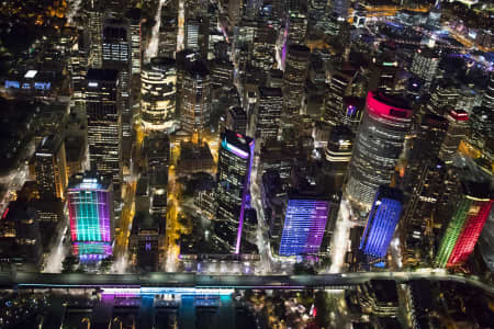 Aerial Image of CIRCULAR QUAY, THE ROCKS, SYDNEY HARBOUR, VIVID
