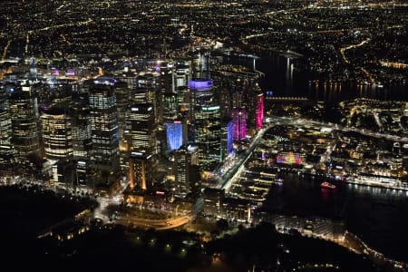 Aerial Image of CIRCULAR QUAY, THE ROCKS, SYDNEY HARBOUR, VIVID