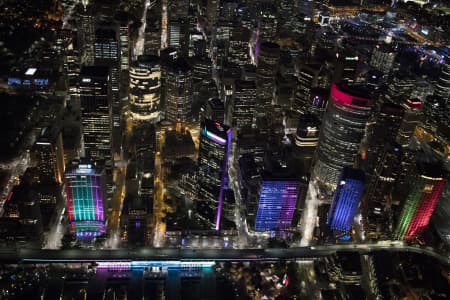 Aerial Image of CIRCULAR QUAY, THE ROCKS, SYDNEY HARBOUR, VIVID