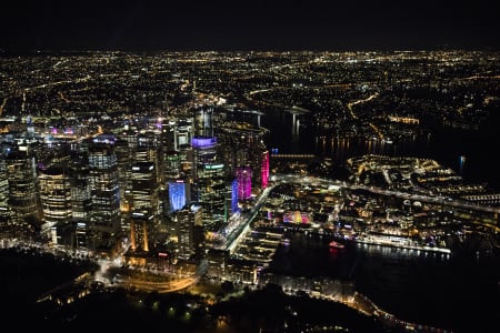 Aerial Image of CIRCULAR QUAY, THE ROCKS, SYDNEY HARBOUR, VIVID