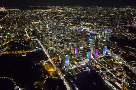 Aerial Image of CIRCULAR QUAY, THE ROCKS, SYDNEY HARBOUR, VIVID