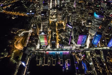 Aerial Image of CIRCULAR QUAY, THE ROCKS, SYDNEY HARBOUR, VIVID