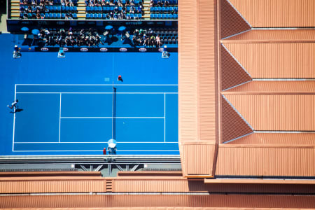 Aerial Image of VENUS WILLIAMS TAKES A SERVE AT MARGARET COURT ARENA
