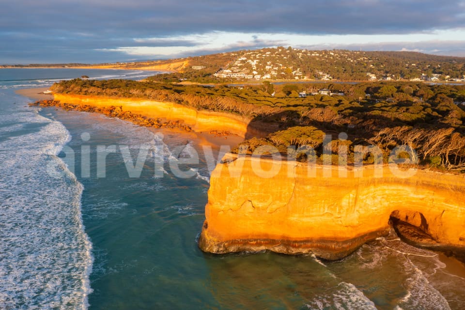 Aerial Image of Sea cliffs and Coastline at Anglesea at sunrise