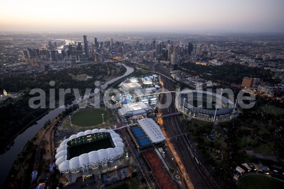 Aerial Image of Melbourne Park At Dusk