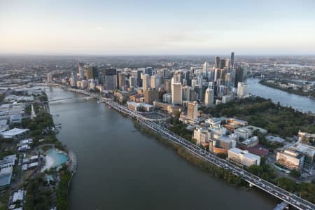 Aerial Image of BRISBANE CITY AT SUNSET.