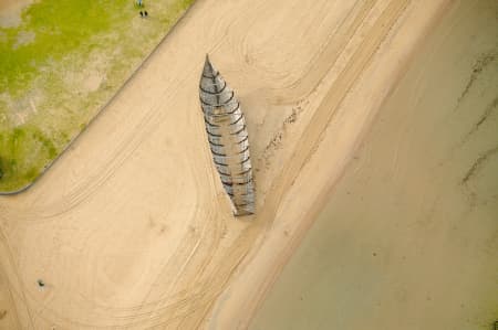 Aerial Image of BOAT HULL ON ST KILDA BEACH.