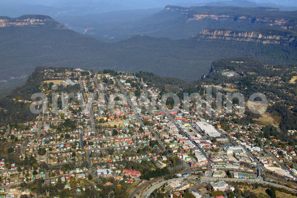 Aerial Image of Katoomba City Centre to Mountain Ranges