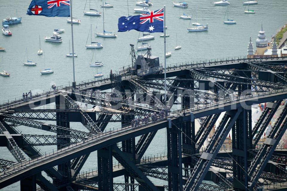 Aerial Image of Sydney Harbour Bridge Flags and Bridgeclimbers