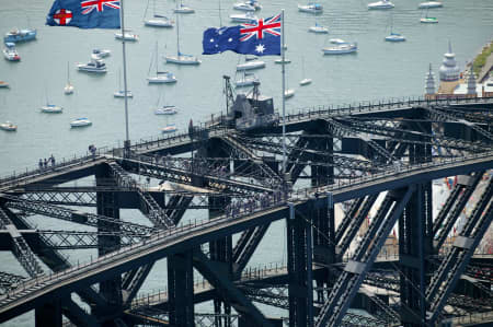 Aerial Image of SYDNEY HARBOUR BRIDGE FLAGS AND BRIDGECLIMBERS