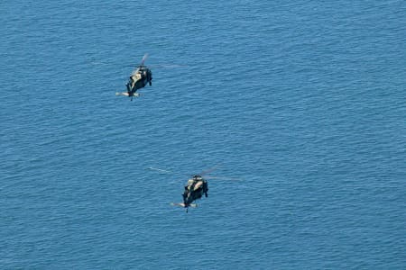 Aerial Image of TWO ARMY BLACK HAWK HELICOPTERS